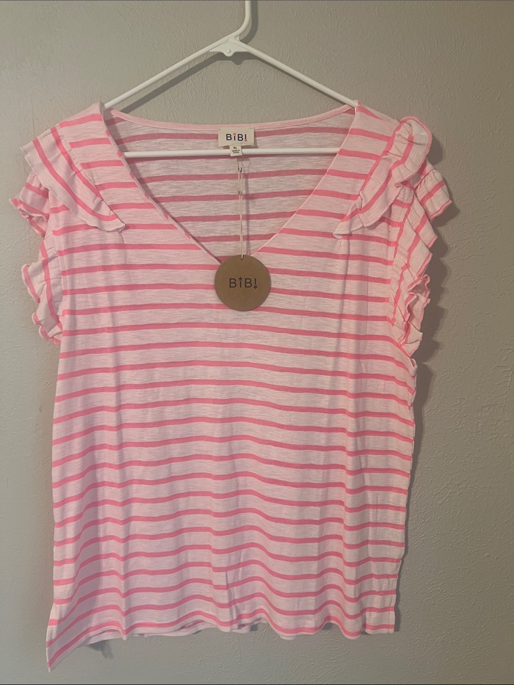 BiBi Pink & White Striped V‑Neck Ruffle Sleeve Top
